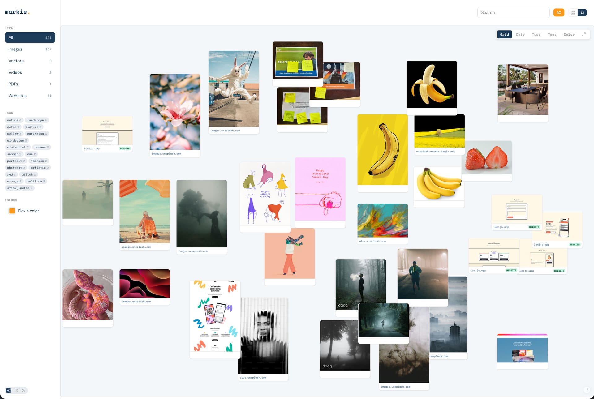Markie canvas view showing assets organized across an infinite spatial workspace