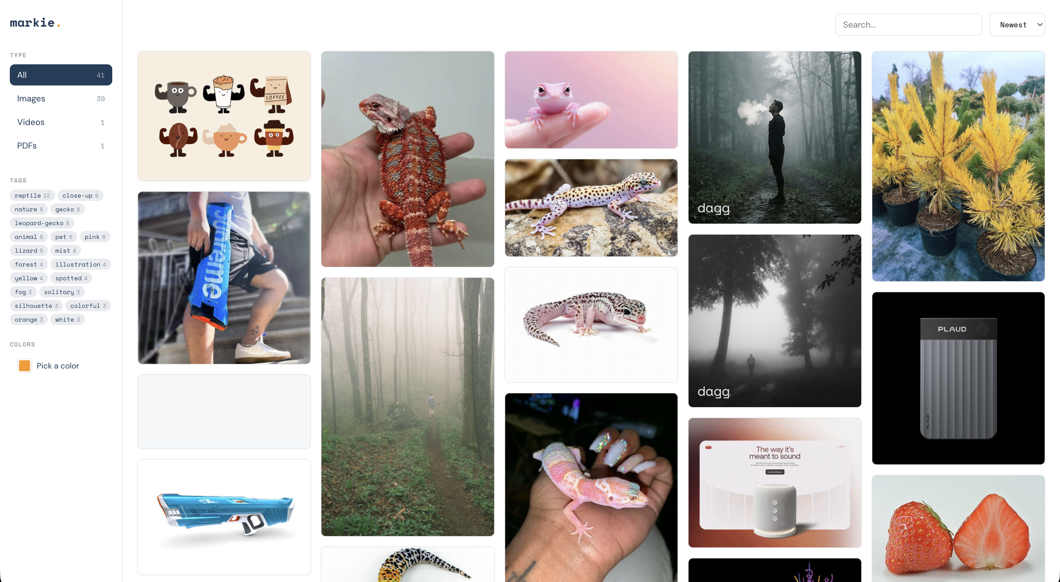 Markie gallery showing a masonry grid of saved images with sidebar filters for type, tags, and color